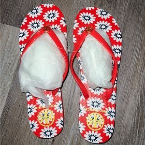TORY BURCH RED NANTUCKET DAISY FLORAL FLIP SANDALS Size 9 brand new NWOT